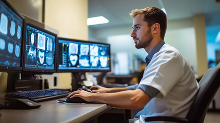 Medical professional analyzing diagnostic imaging on multiple monitors in a modern clinical setting