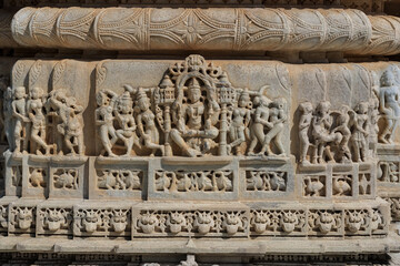 Detail intricate architecture of historic Jain temple in Ranakpur, Rajasthan, India