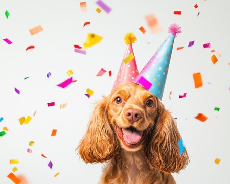Cocker Spaniel celebrating 2025. Featuring a festive environment with party props and streamers