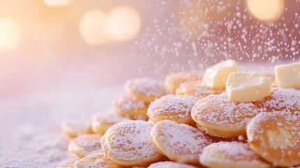 close up of Dutch poffertjes, mini pancakes dusted with powdered sugar and topped with butter, creating warm and inviting atmosphere