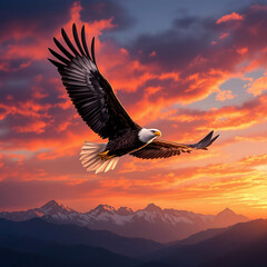 Fototapeta premium Close-Up of Bald Eagle in Flight with Vibrant Sunset Background