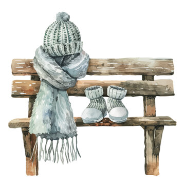 recommend clip art: A watercolor vector of a pair of cozy mittens and a scarf on a wooden bench, isolated on a white background. Cozy mittens vector.
                    