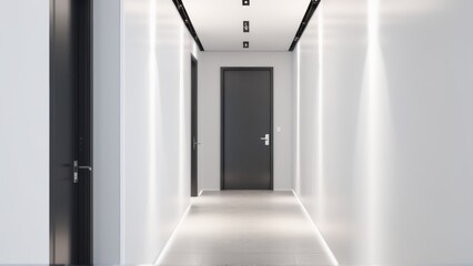 white hallway with a black door at the end
