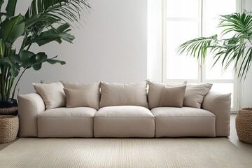 Fototapeta premium Modern Living Room with Beige Couch, Minimalist Decor, and Indoor Plants