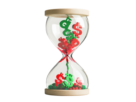 Cracked Hourglass with Red and Green Currency Symbols Illustrating Time and Money Dynamics in a Creative Conceptual Image