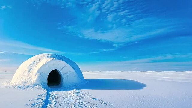 A classic igloo made from snow blocks sits in a vast, snowy landscape, highlighting the serene and chilly beauty of an Arctic winter scene.