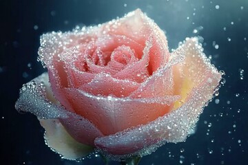 Fototapeta premium Beautiful pink rose with dew drops glistening in the light against a black background