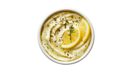 Hummus (latte), garlic cream hummus with garlic and lemon slices, cut out