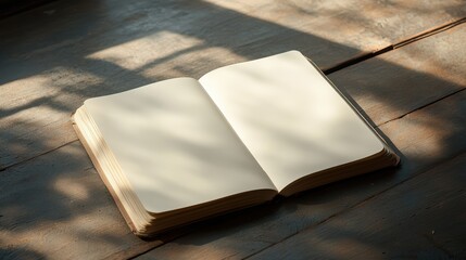 Open blank notebook on a sunlit wooden desk for creative inspiration and writing