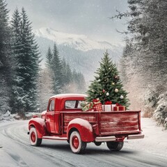 Classic red truck transporting Christmas tree and gifts through snowy forest landscape