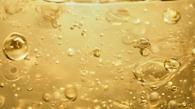 A close-up of cosmetic oil with floating bubbles, emphasizing its smooth texture and purity, perfect for promoting skincare and wellness products focused on natural beauty.