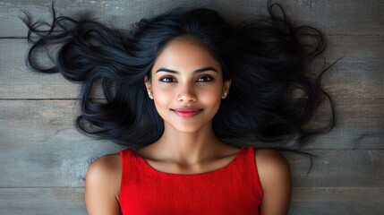 Fototapeta premium A young woman lies on her back with dark hair spread out, smiling softly while wearing a vibrant red dress