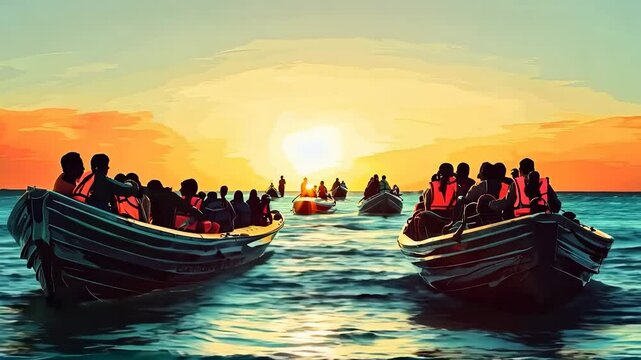 A boat filled with African migrants making a dangerous sea journey to Europe, representing struggle, hope, and human resilience in pursuit of a better life.