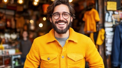 Fototapeta premium A cheerful man stands confidently in a yellow jacket, radiating joy in a bustling market