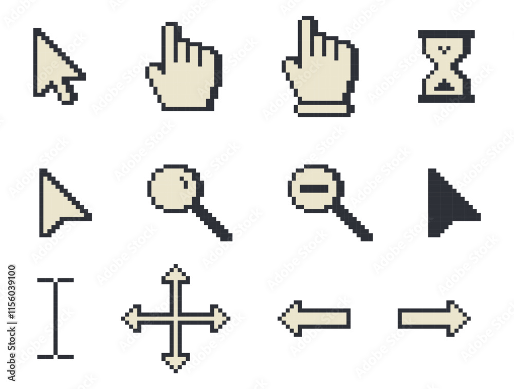 Poster beige and black pixel art cursor and icon set, cursor icon set, cursor pointers, cursor mouse icon s