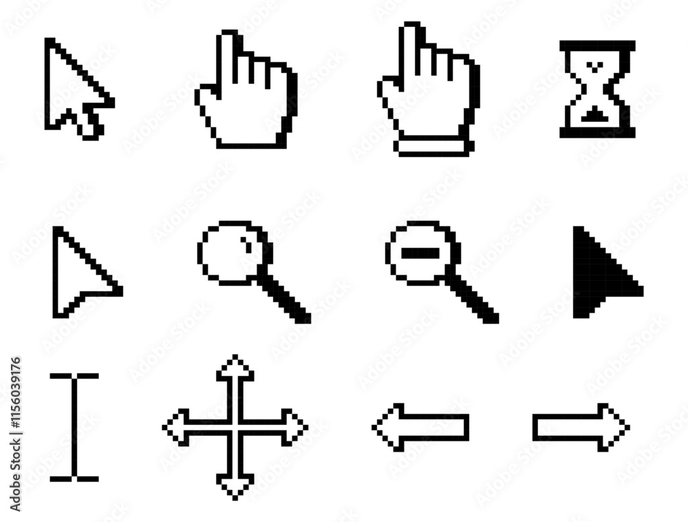Poster pixel art computer cursor icons set, cursor icon set, cursor pointers, cursor mouse icon set, zoomin