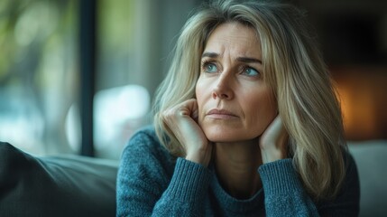 A woman sits with her hands on her face, lost in thought while looking outside through a window