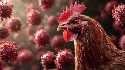 A visual representation of a chicken alongside flu virus molecules, symbolizing the concept of avian flu, its impact on poultry, and potential health risks.