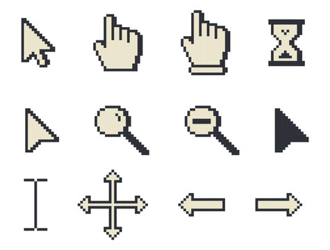 Beige and black pixel art cursor and icon set, Cursor icon set, cursor pointers, cursor mouse icon set, zooming icon set, arrow, hourglass, computer mouse, 8-bit, pixel cursor icon set, pixel art.	

