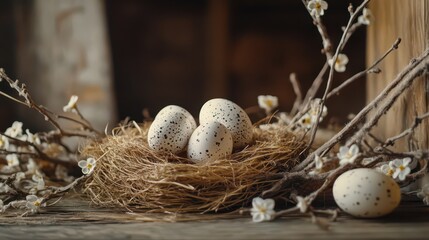 Fototapeta premium Tranquil easter scene with speckled eggs in a nest surrounded by spring blossoms. Horizontal banner. Copy space