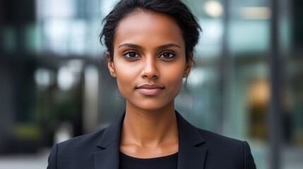 Naklejka premium A confident woman stands front and center, showcasing her professional attire against a modern background