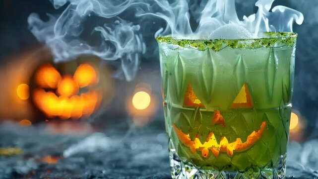 A vibrant green cocktail designed for Halloween, featuring spooky garnishes like creepy eyeballs or smoke, perfect for a festive, eerie atmosphere.