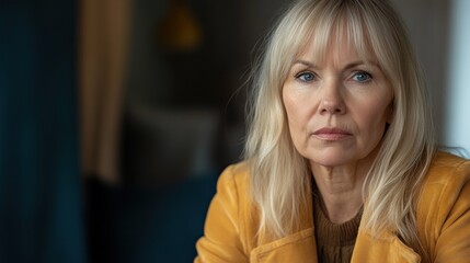 Fototapeta premium A woman with shoulder length blonde hair is gazing intently while seated indoors, dressed in a yellow jacket