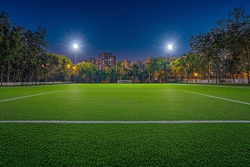 Vibrant sports field illuminated at dusk, ready for evening games and activities in a city park