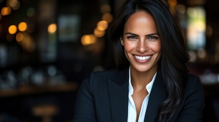 A woman with long dark hair smiles confidently while wearing a tailored black suit in a chic, modern space