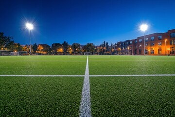 Vibrant sports field illuminated at dusk, ready for evening games and activities in a city park