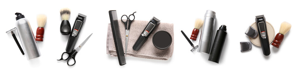 Collage of accessories for shaving on white background, top view