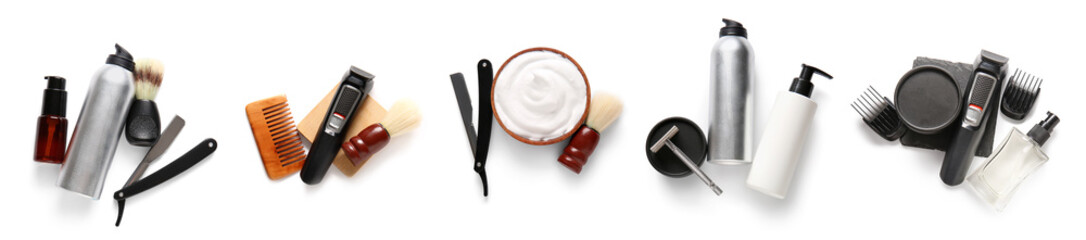Set of accessories for shaving on white background, top view
