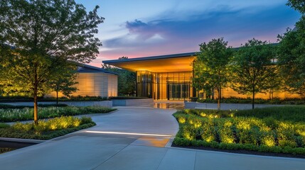 Fototapeta premium Ultra-Modern Architectural Facade with Clean Lines, Soft Lighting, and Minimalist Entrance