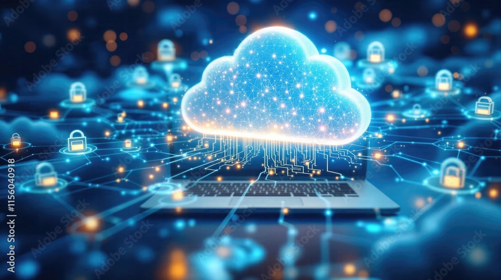 Aufkleber Secure cloud computing icon glowing with data safety accessibility via laptop