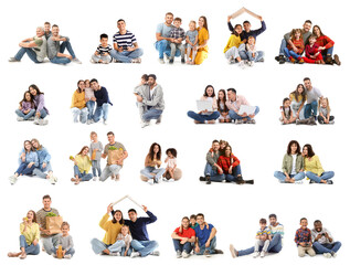 Collage of happy families isolated on white