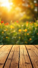 Rustic wooden surface blurred background vibrant flowers warm sunlight