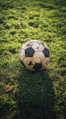 Worn soccer ball resting on grass field after a lively game in the afternoon light