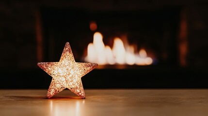 closeup of a glowing star shaped Christmas ornament, decorative cotton, with copy space.