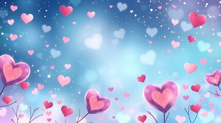 A whimsical and romantic digital illustration featuring numerous hearts of varying sizes and shades of pink and red floating against a soft, light blue sky background
