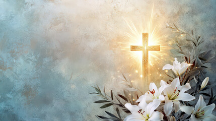 Radiant easter cross with spring lilies and light on textured background. Horizontal banner. Copy space. Template for first communion, baptism, wedding