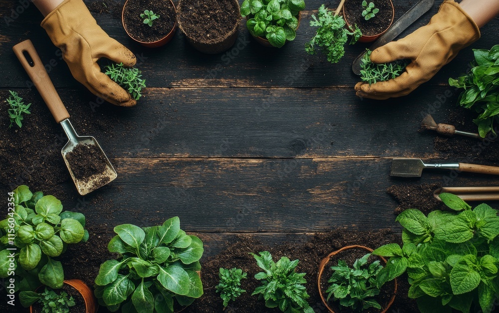 Poster Gardening activity with gloves in a wooden workspace surrounded by plants and tools during daylight