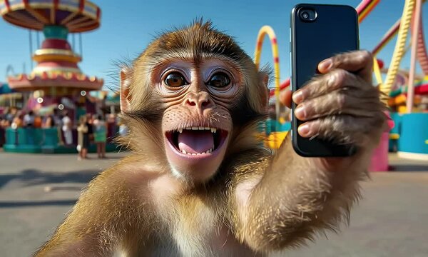 Monkey taking selfies at amusement park, realistic and personified, nice smile. amusement park in the background is moving. people have fun
