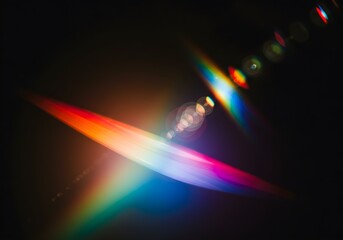 Prism light reflections on black background. Blurred geometric shapes, soft gradients, ethereal visual overlay effect. Glowing colorful lights and bokeh lens flare, refraction of sunlight prism effect