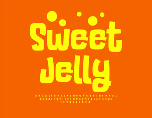Vector advertising template Sweet Jelly. Unique Yellow Alphabet Letters and Numbers set. Finny bright Font
