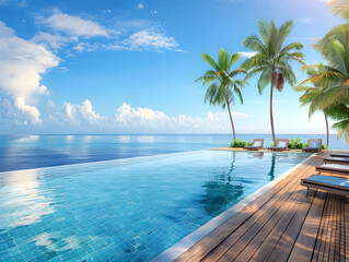 Fototapeta premium Luxurious Infinity Pool with a Seamless Ocean Horizon Surrounded by Lounge Chairs and Tropical Palm Trees