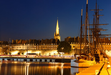 The view of atlantic coast walled city historical old town of Saint Malo at night . Brittany ,France .