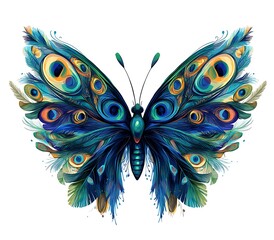 a beautiful tattoo of a butterfly with peacock on white background