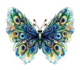 a beautiful tattoo of a butterfly with peacock on white background