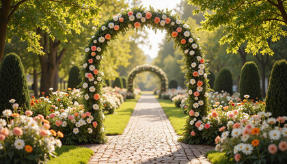 Floral archway in garden with pink, white, and orange flowers, green foliage, and brick pathway leading through it