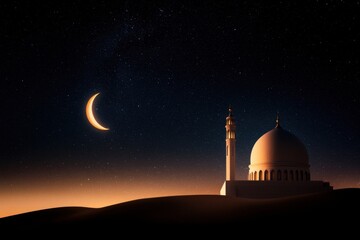 ramadan desert mosque, tranquil atmosphere of a ramadan mosque in the desert, under a starry sky with a crescent moon on the horizon
